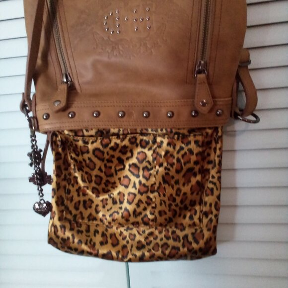 LEATHER CROSSBODY BAG PURSE CHARMS STUDS LEOPARD SATIN LINING POCKETS ZIPPERS - Picture 5 of 10